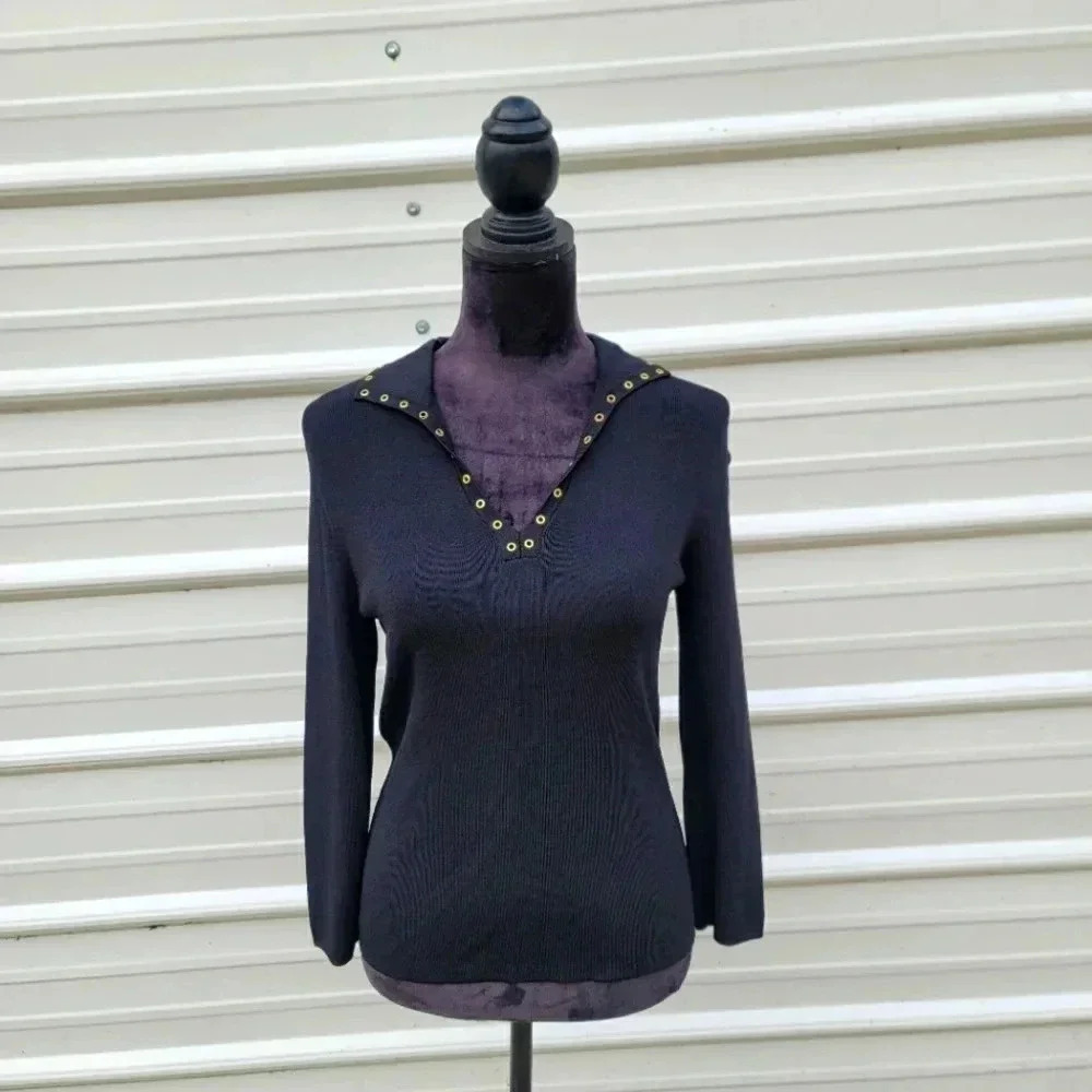 Cable & Gauge Viscose Womens Black Pullover Polo Top Gold Collar Stretch M